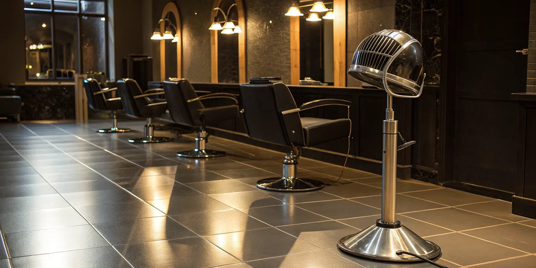 Professional 1300W adjustable hooded floor hair dryer in a modern salon.
