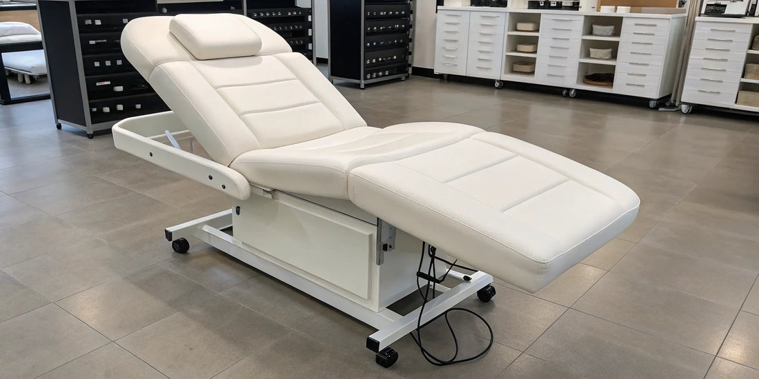 Adjustable professional facial bed with comfortable padding in a modern spa.