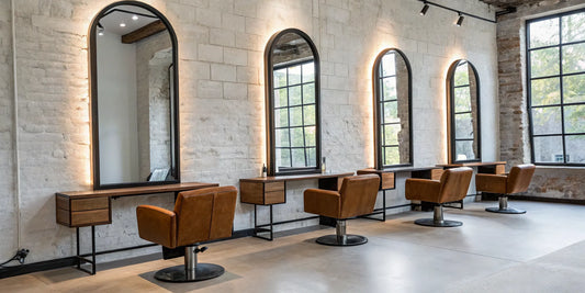 Rustic wood salon stations with large mirrors and comfortable brown leather chairs.