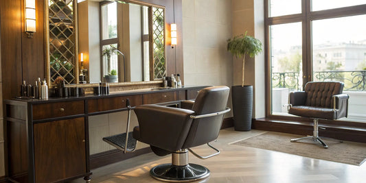 Modern salon styling station with a large mirror and built-in storage.
