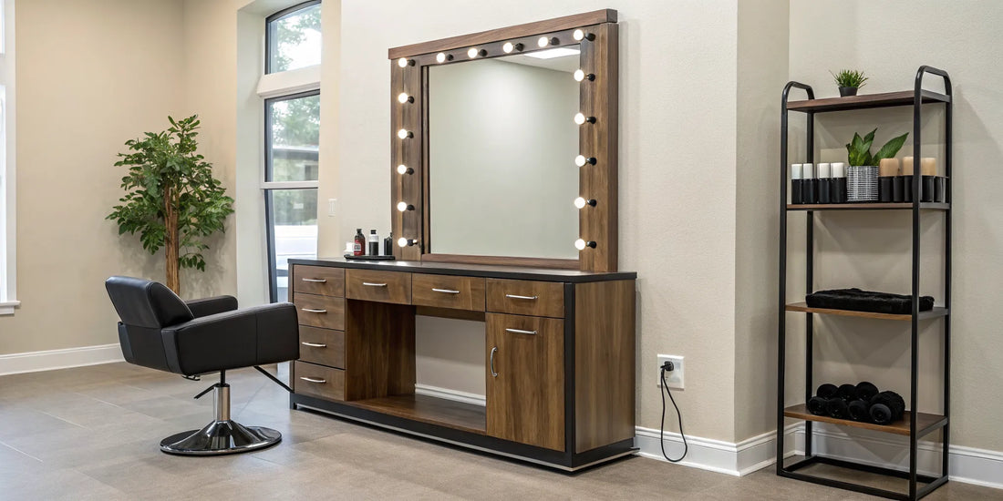 Modern single sided salon station with a large mirror and built-in storage drawers.