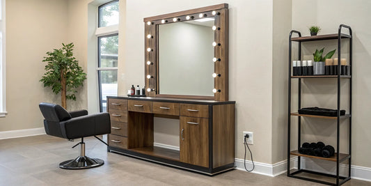 Modern single sided salon station with a large mirror and built-in storage drawers.