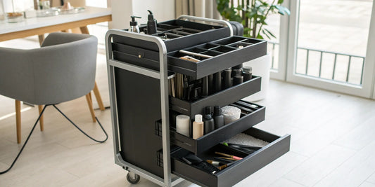 Best professional salon trolley with organized drawers and holders for styling tools.