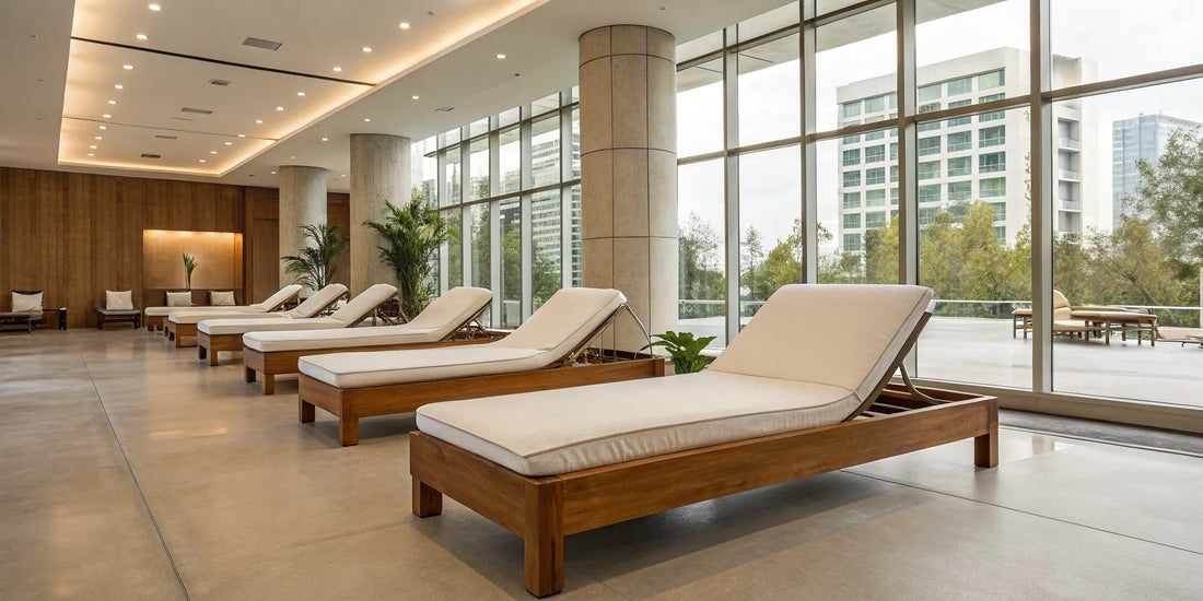 A luxury esthetician bed with plush cushions and premium upholstery in a modern spa treatment room.