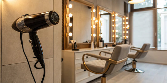 Wall mount salon hair dryer with a flexible arm positioned over a styling chair.