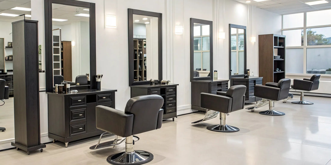 Modern free-standing hair salon stations with mirrors and chairs.