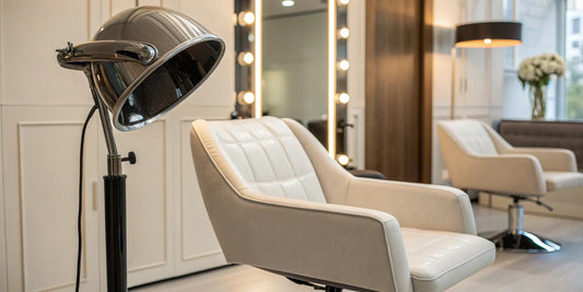 Professional hooded hair dryer over a styling chair in a modern hair salon.