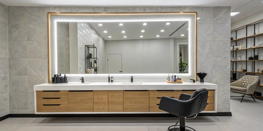 Modern salon mirror station with lights, wood storage, and a black styling chair.
