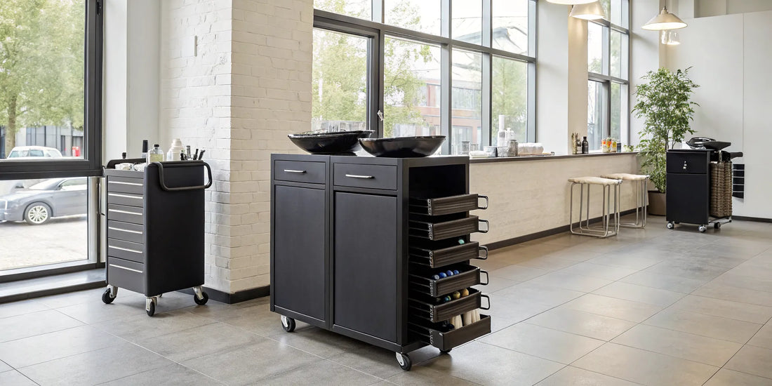 A professional salon trolley cart for sale with organized drawers and smooth-rolling wheels.