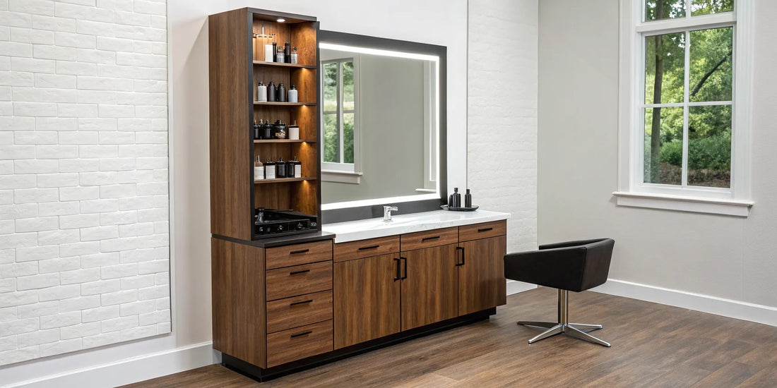 Wall mount salon station with a large LED mirror and wooden storage cabinets.