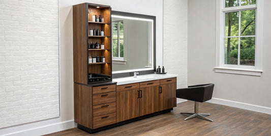 Wall mount salon station with a large LED mirror and wooden storage cabinets.