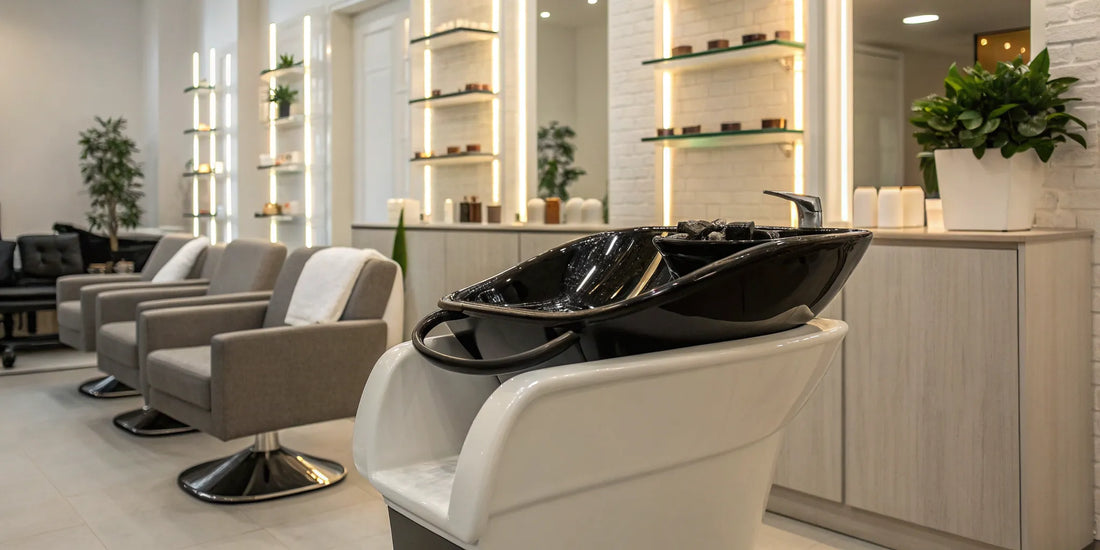 A salon backwash shampoo bowl unit ready for final installation.