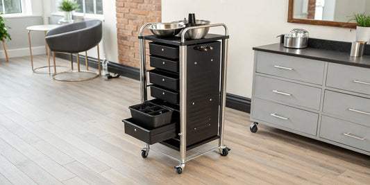 A professional salon trolley cart with a secure lock, storage drawers, and wheels.