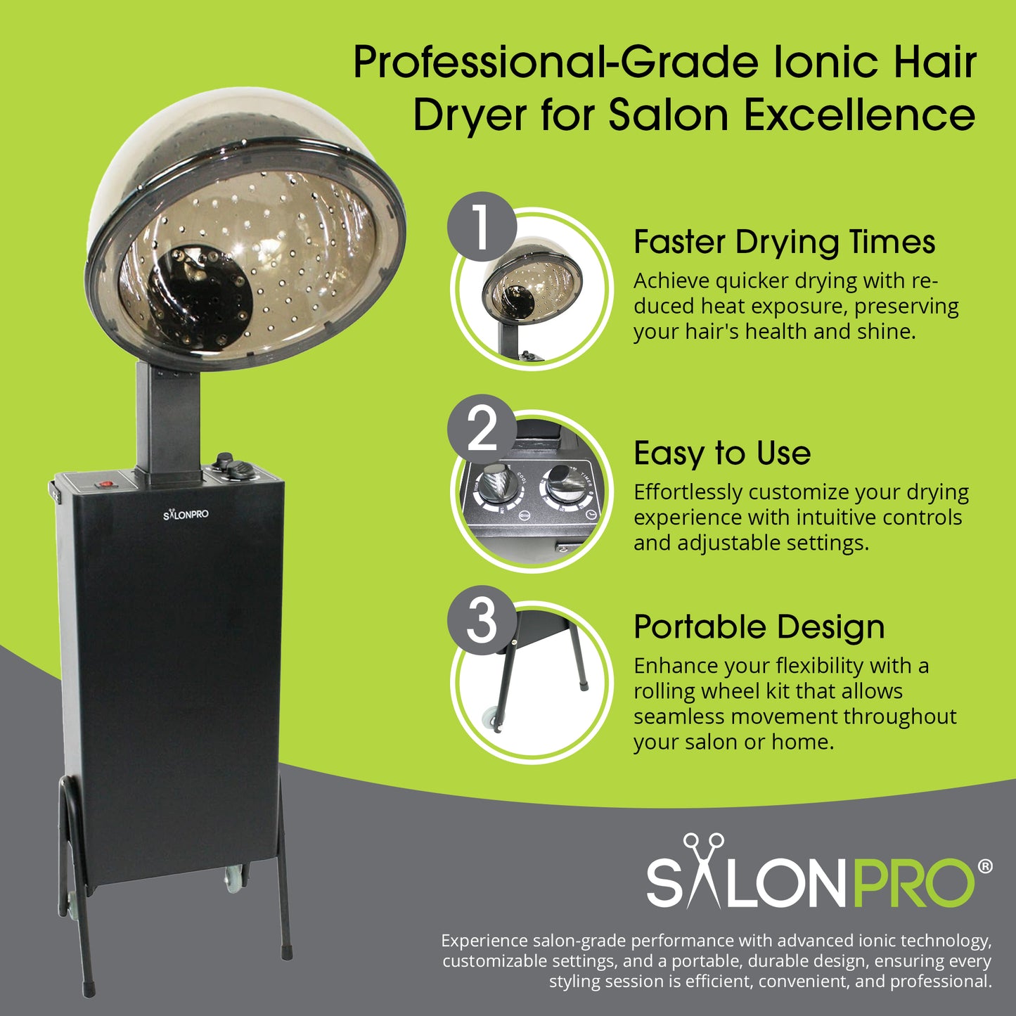 SalonPro Standing Professional Ionic Hooded Hair Dryer w/ Rolling Wheel Kit