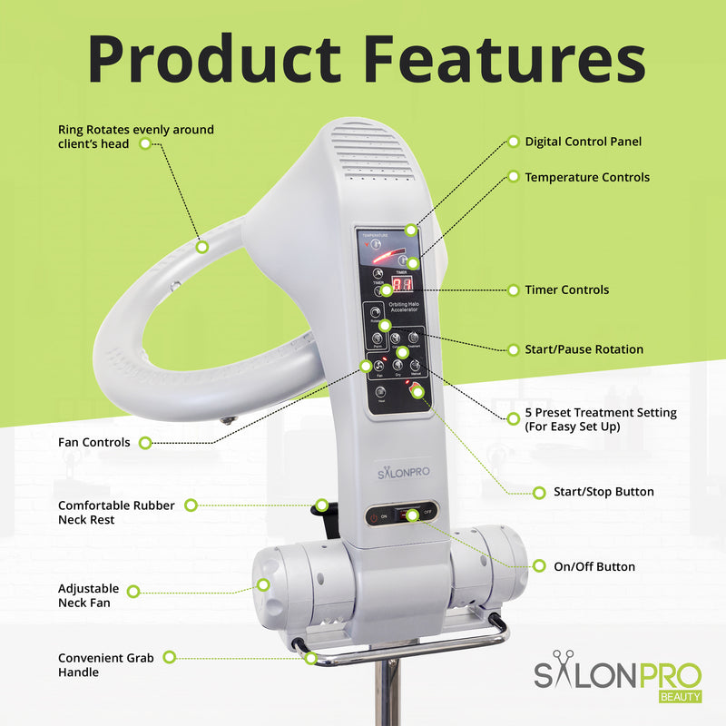 SalonPro Orbiting Halo Professional Infrared Hair Color Processor & Multi-Function Dryer Accelerator w/ Rolling Base - White