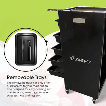 SalonPro 5-Drawer Styling Cabinet & Trolley – Gloss Black with Rolling Wheels
