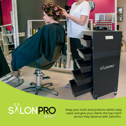 SalonPro 5-Drawer Styling Cabinet & Trolley – Gloss Black with Rolling Wheels