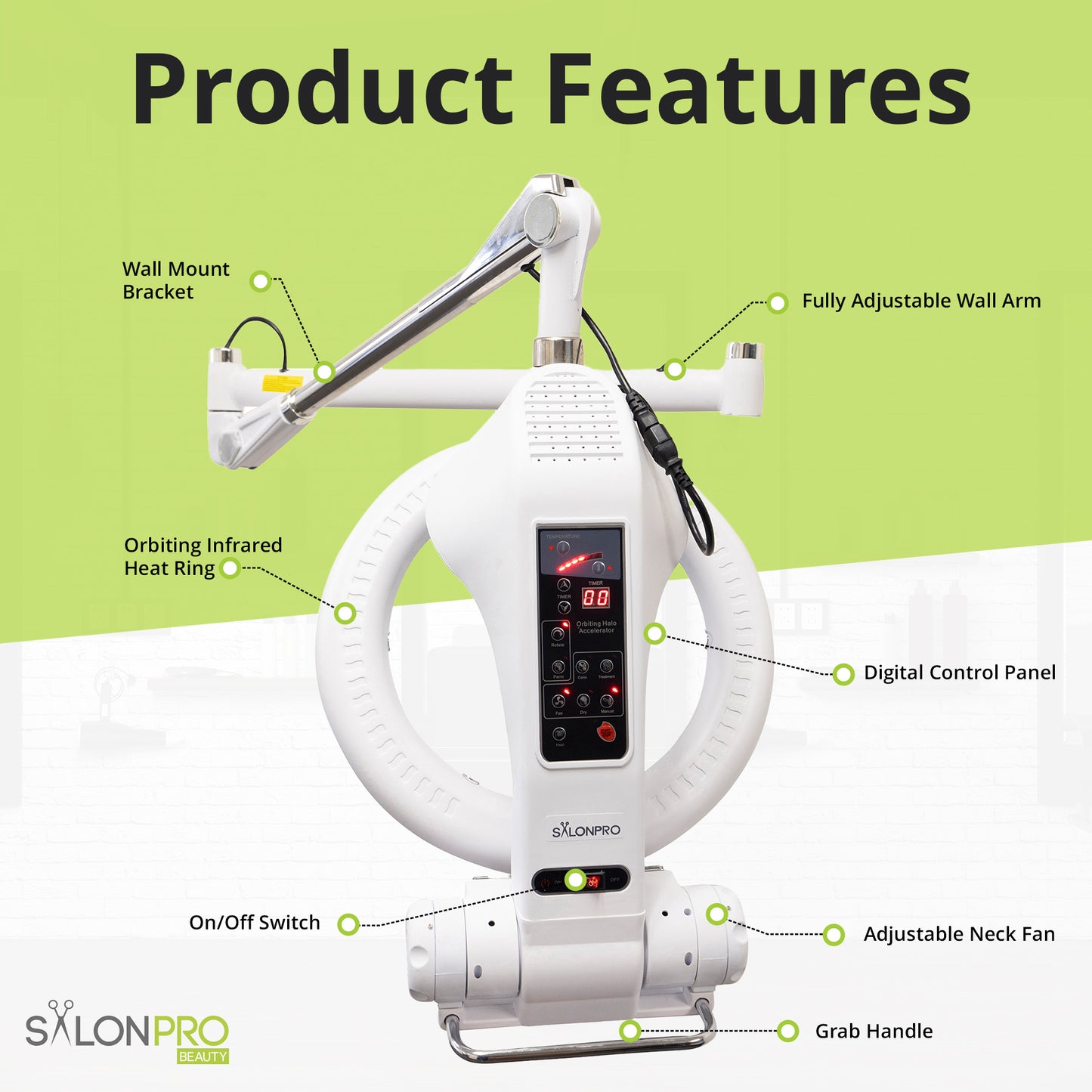 SalonPro Orbiting Halo Professional Infrared Hair Color Processor & Multi-Function Dryer Accelerator w/ Wall Mount System - White