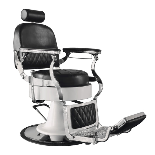 Silla de barbero Ikonna H-31937BKR| Diseño moderno redondeado, posiciones ajustables, en negro con acabados plateados. 