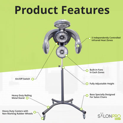 SalonPro Multi-Zone+ Infrared Hair Dryer & Color Processor – Rolling Base, Grey