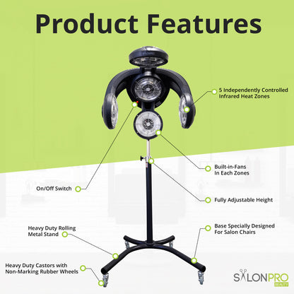 SalonPro Multi-Zone+ Infrared Hair Dryer & Color Processor – Rolling Base, Black